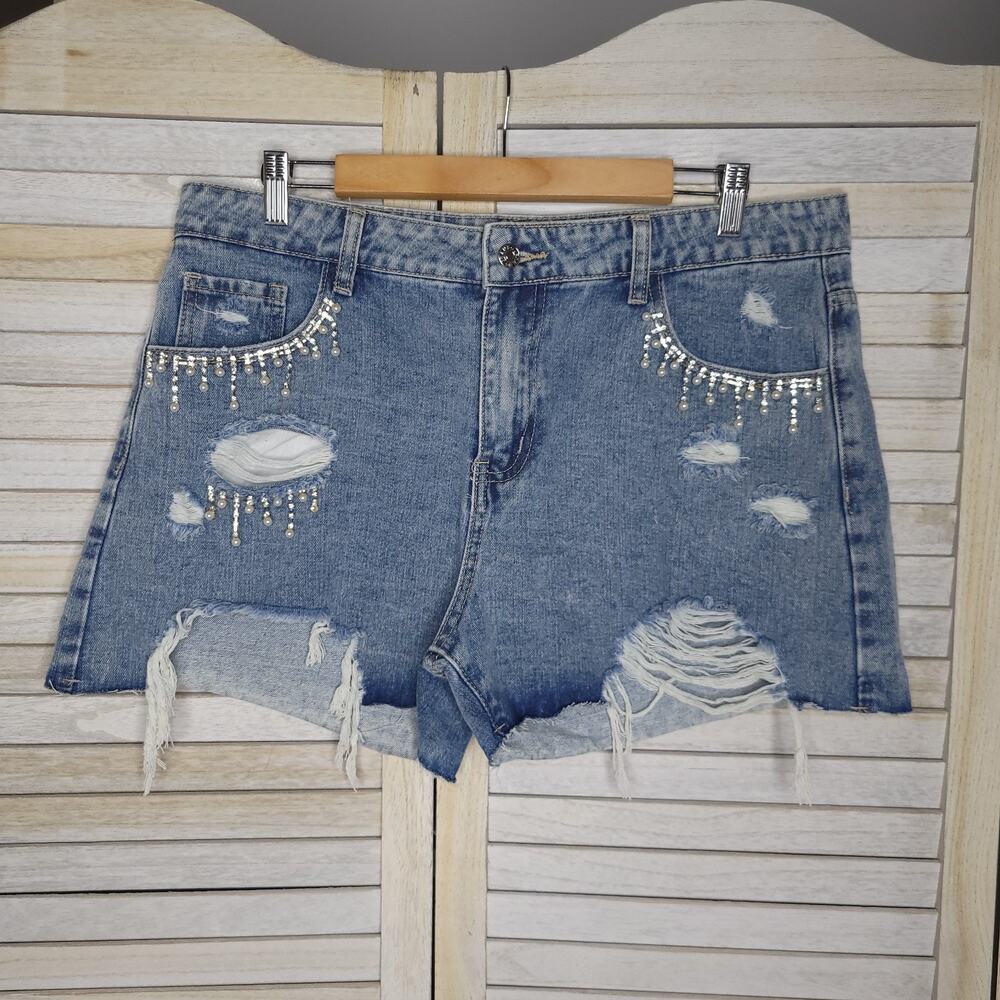Denim Rhinsestone High Waist Shorts Size 16 Denim 36 Waist Distressed Cut Off